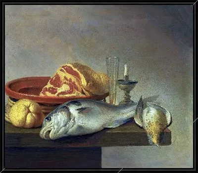 Натюрморт с ветчиной, рыбой, свечой и другими предметами, расположенными на краю столешницы