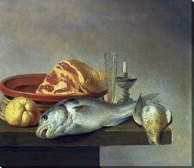 Натюрморт с ветчиной, рыбой, свечой и другими предметами, расположенными на краю столешницы