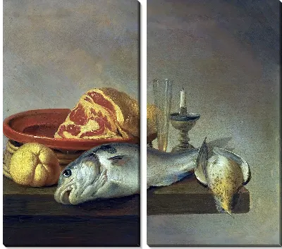 Натюрморт с ветчиной, рыбой, свечой и другими предметами, расположенными на краю столешницы