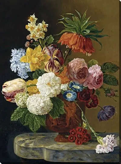 Картина Натюрморт с розами, пионами, тюльпанами, нарциссами, гвоздиками и другими цветами в вазе (1836)