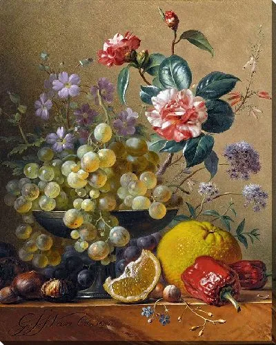 Картина Натюрморт с веточкой камелии, васильками и виноградом в серебряной чаше, с орехами, апельсином и красным перцем (1834)