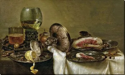Картина Частично накрытый стол с перевернутой таццей, рёмером и кружкой пива, с частично очищенным лимоном и ветчиной на оловянных тарелках (1634 г.)