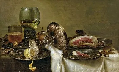 Картина Частично накрытый стол с перевернутой таццей, рёмером и кружкой пива, с частично очищенным лимоном и ветчиной на оловянных тарелках (1634 г.)