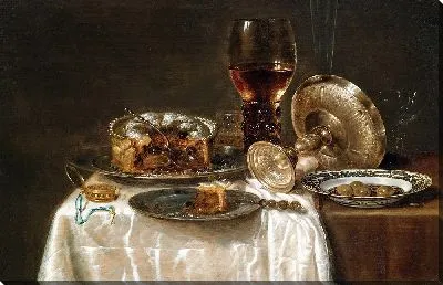 Картина Оливки в сине-белой фарфоровой чаше, рёмер, винные бокалы, перевернутая серебряная таза и мясной пирог.