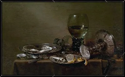 Натюрморт с устрицами, серебряной таццей и стеклянной посудой (1635)