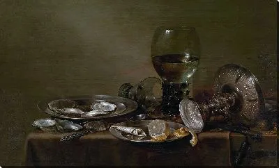 Натюрморт с устрицами, серебряной таццей и стеклянной посудой (1635)