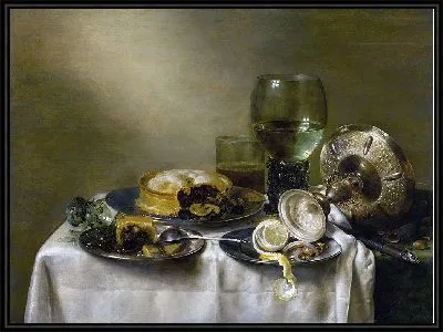 Натюрморт с перевернутой серебряной таццой, стеклянной посудой, пирогами и очищенным лимоном на столе (1633)