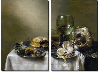 Натюрморт с перевернутой серебряной таццой, стеклянной посудой, пирогами и очищенным лимоном на столе (1633)