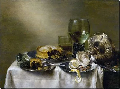 Натюрморт с перевернутой серебряной таццой, стеклянной посудой, пирогами и очищенным лимоном на столе (1633)