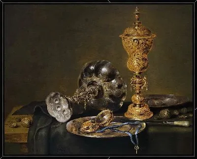 Натюрморт с металлическими сосудами и часами на столе (1631)