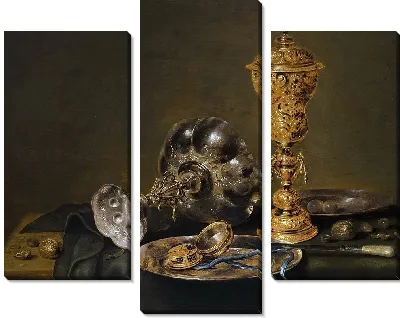 Натюрморт с металлическими сосудами и часами на столе (1631)