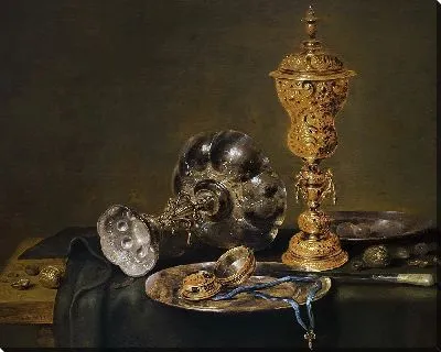 Натюрморт с металлическими сосудами и часами на столе (1631)