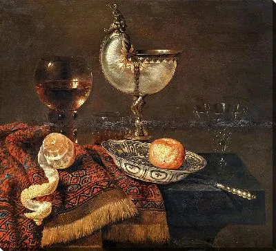 Картина Клементин в фарфоровой чаше, чашка «Наутилус», ремер, два стакана, нож, очищенный лимон на декоративном коврике на столе