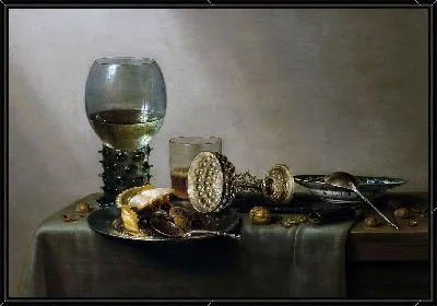 Десерт, натюрморт с тортом, вином, пивом и орехами (1637)