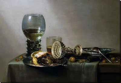 Десерт, натюрморт с тортом, вином, пивом и орехами (1637)