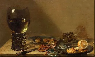 Картина Большой рёмер, серебряный нож, золотые карманные часы с голубой лентой, оловянная тарелка с очищенным лимоном и другие предметы на полке (1629 г.)