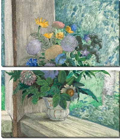 Картина Натюрморт с хризантемами, колокольчиками, васильками и ромашками в белой вазе (1926)