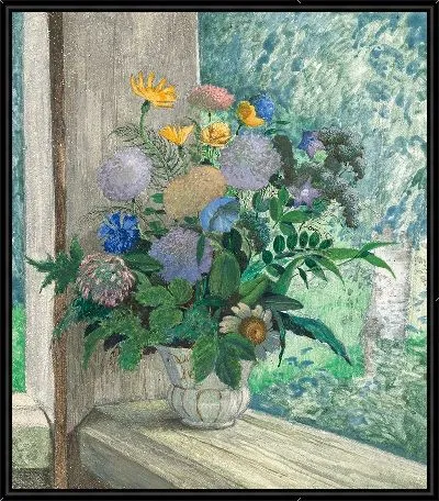 Натюрморт с хризантемами, колокольчиками, васильками и ромашками в белой вазе (1926)