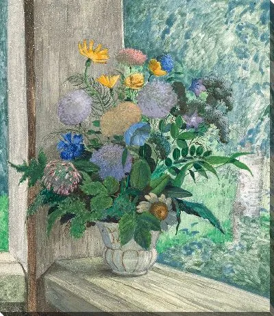 Натюрморт с хризантемами, колокольчиками, васильками и ромашками в белой вазе (1926)