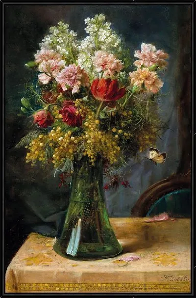 Картина Букет цветов с тюльпанами и гвоздиками в стеклянной вазе с бабочкой