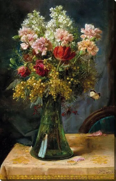 Картина Букет цветов с тюльпанами и гвоздиками в стеклянной вазе с бабочкой