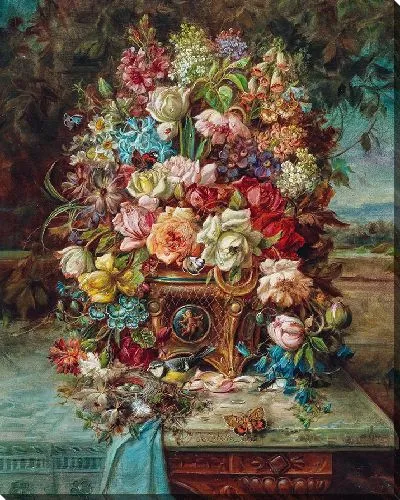 Картина Богатый цветочный натюрморт с лазоревой синицей на фоне широкого пейзажа