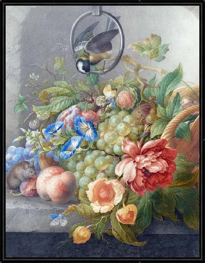 Картина Натюрморт встретил цветы, фрукты, большую синицу и мышь (1700).