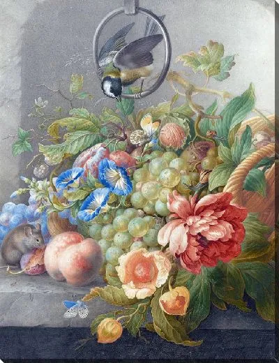 Картина Натюрморт встретил цветы, фрукты, большую синицу и мышь (1700).