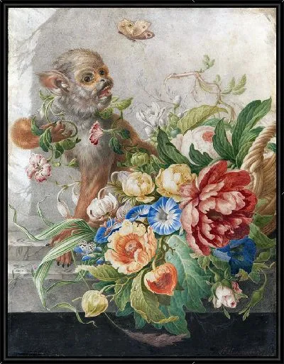 Картина Корзина с цветами в каменной нише, с обезьянкой и бабочкой