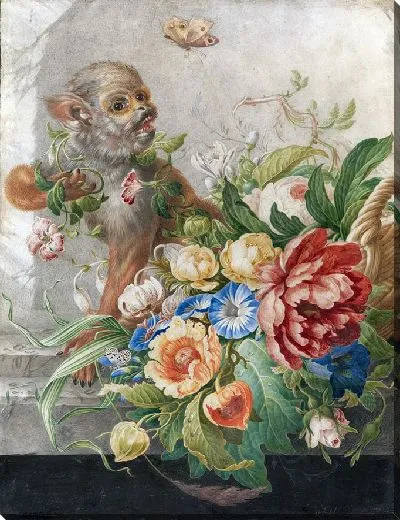 Картина Корзина с цветами в каменной нише, с обезьянкой и бабочкой