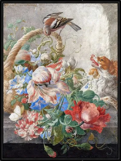 Картина Корзина с цветами в каменной нише, с лающей собакой и птицей