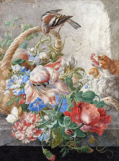 Картина Корзина с цветами в каменной нише, с лающей собакой и птицей