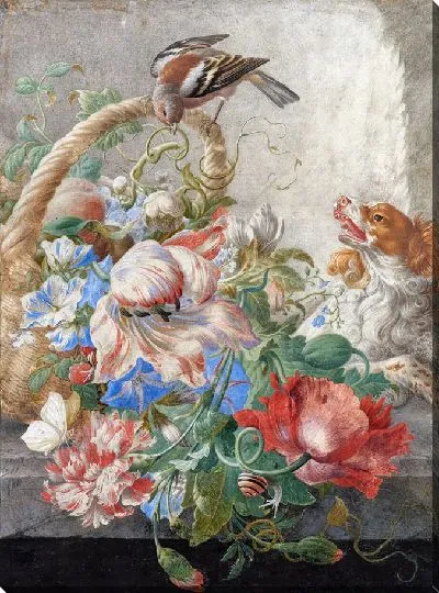 Картина Корзина с цветами в каменной нише, с лающей собакой и птицей