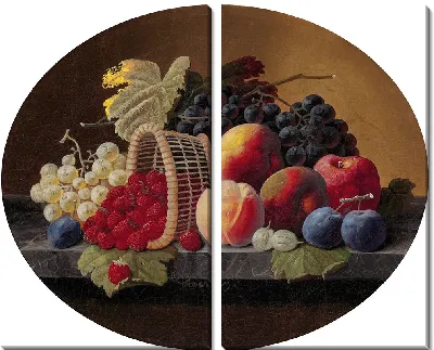 Картина Натюрморт с персиками, виноградом и корзиной клубники