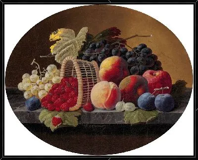 Натюрморт с персиками, виноградом и корзиной клубники