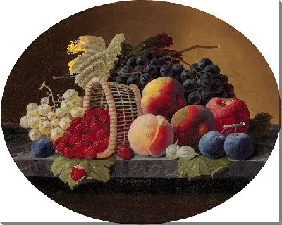 Картина Натюрморт с персиками, виноградом и корзиной клубники