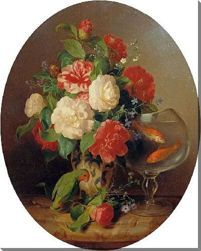 Картина Цветочная композиция с чашей с золотой рыбкой