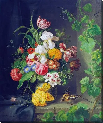 Натюрморт с цветами, воробьем и веткой винограда (1848)