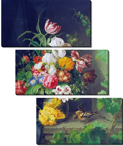 Натюрморт с цветами, воробьем и веткой винограда (1848)