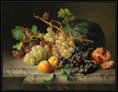 Натюрморт с гранатом, виноградом и дыней (1844 г.)