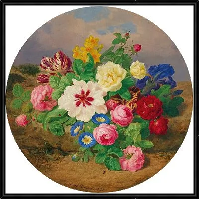 Букет роз, тюльпанов и нарциссов на песчаной почве (1871)