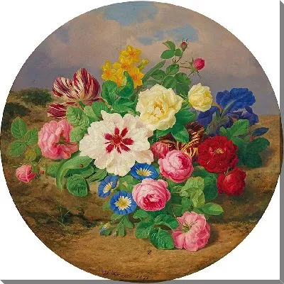 Картина Букет роз, тюльпанов и нарциссов на песчаной почве (1871)