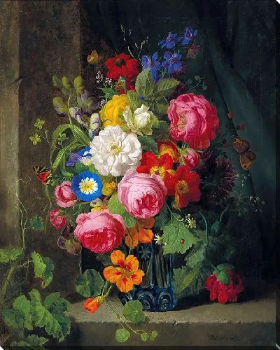 Картина Большой букет цветов с розами, настурцией и бабочками