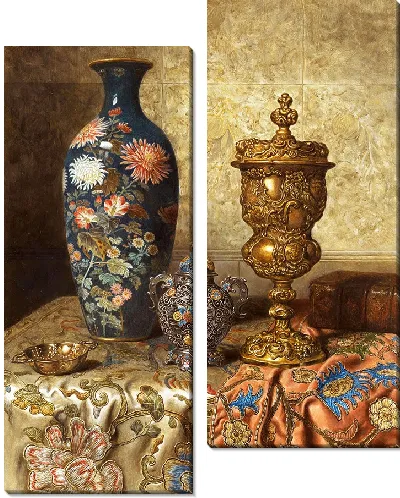 Картина Натюрморт с вазой в технике перегородчатой ​​эмали, закрытым кубком, вазой с крышкой и дегустационным бокалом (1897)