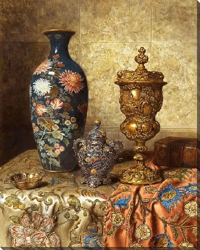 Картина Натюрморт с вазой в технике перегородчатой ​​эмали, закрытым кубком, вазой с крышкой и дегустационным бокалом (1897)