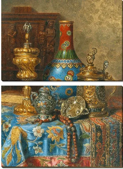 Картина Натюрморт с антиквариатом и золотой вазой в технике перегородчатой ​​эмали