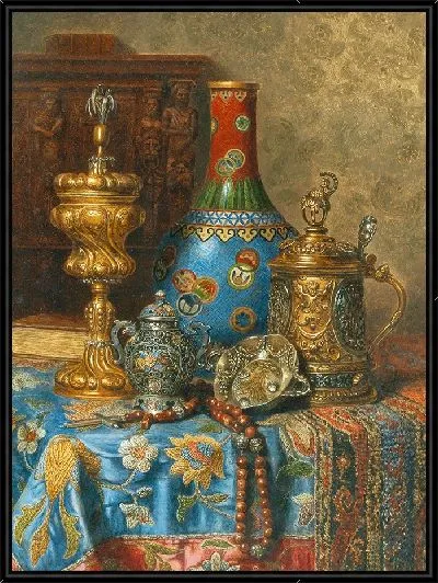 Картина Натюрморт с антиквариатом и золотой вазой в технике перегородчатой ​​эмали