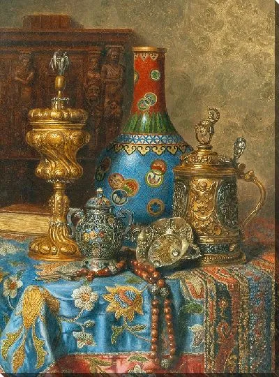 Картина Натюрморт с антиквариатом и золотой вазой в технике перегородчатой ​​эмали