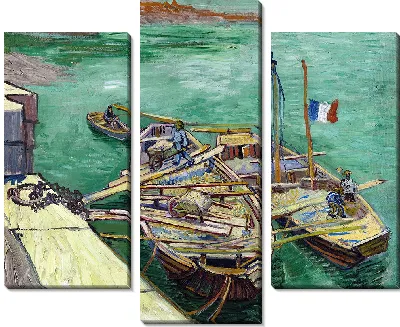 Картина Пришвартованные лодки (набережная, люди разгружают баржи с песком)