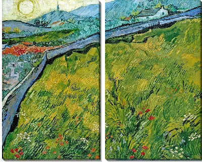 Картина Огороженное пшеничное поле с восходящим солнцем